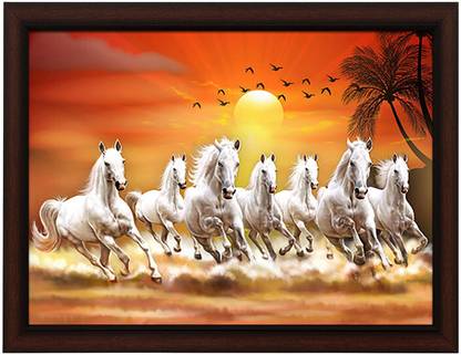 Masstone Lucky Seven Running Horses Vastu UV Matt Textured Effect HD Framed Digital Reprint 11 inch x 14 inch Painting