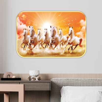 saf 7 Horses Large Sparkle Glossy Round Golden Framed Large Painting Digital Reprint 12 inch x 19.5 inch Painting