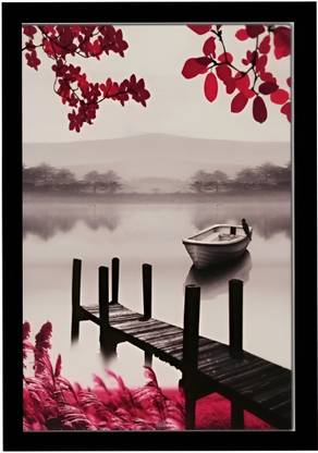 SINGH BROTHERS Serenity Over the Lake - Boat by Wooden Dock with Misty Hills Digital Reprint 13 inch x 10 inch Painting