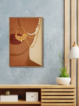 999Store Floating Frame Gold Nose Ring With Lady Face Painting For Wall Décor Digital Reprint 24 inch x 16 inch Painting