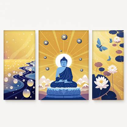 Decormatic Set of 3 Gautam Buddha Paintings for Meditation Area | Abstract Buddha Digital Reprint 12 inch x 8.5 inch Painting