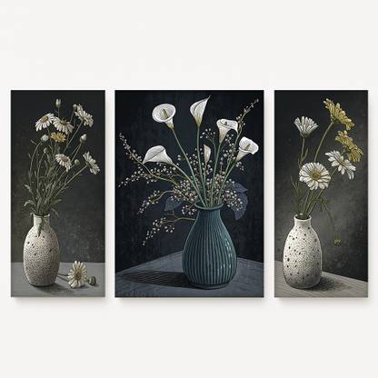 Decormatic Set of 3 Floral Still Life Wall Art – White Daisies, Calla Lilies Digital Reprint 12 inch x 8.5 inch Painting
