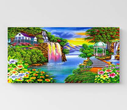 GIFTMASTER Beautiful Wall Art Of Natural Scenery With Waterfall, Mountain, Tree, And Flower Canvas 15 inch x 30 inch Painting