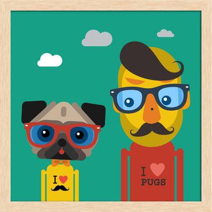 Artzfolio Fashion Hipster Man & Pug Dog Pet Canvas Painting Natural Brown Frame 24x24inch Canvas 24 inch x 24 inch Painting