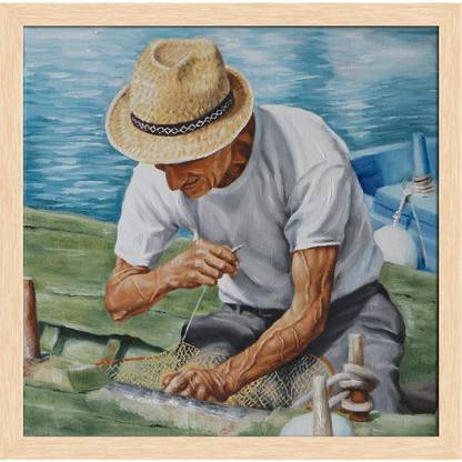 Artzfolio Fisherman & His Fishing Net Canvas Painting Natural Brown Frame 24.3x24inch Canvas 24 inch x 24.3 inch Painting