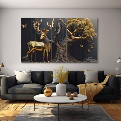 TheCastleDecor Golden Deer Set of 5 Big Size Multiple Frames Wall Painting Natural Colors 50 inch x 30 inch Painting