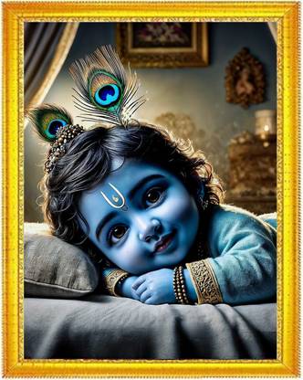 HSB INFRA Baby Kanha Wall Poster | Cute Krishna Ji Poster for Pooja Room, Kids Bedroom Digital Reprint 12 inch x 9 inch Painting