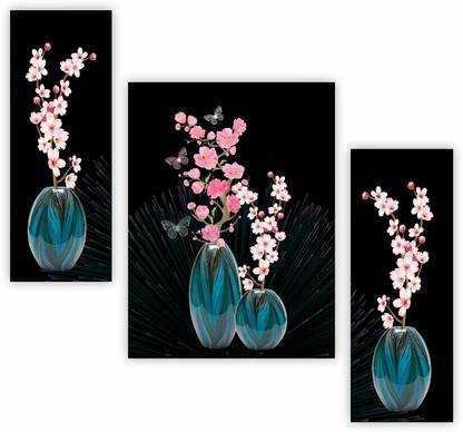 SNDArt Set Of 3 Flower Pots Wall Painting For Living Room Digital Reprint 12 inch x 18 inch Painting