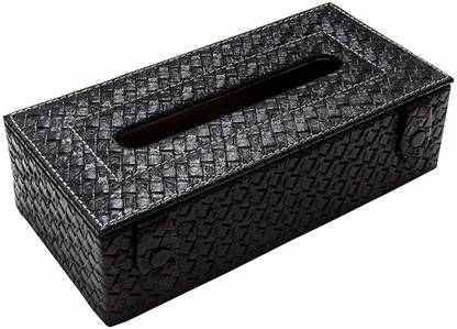 PREMSONS Vegan Leather Woven Design Artificial Leather Rectangular Tissue Paper Box with Button for Dining Room, Kitchen, Bedroom, Car and Home Decor - Black Paper Dispenser
