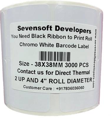 Sevensoft Developers 38X38MM Barcode Label (1.5X1.5 INCH) Self-adhesive 2 UP 4" Dia Roll-Use Black Ribbon to Print Stickers Paper Label