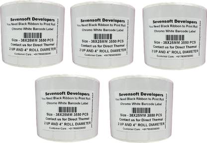 Sevensoft Developers SD 38X25MM Barcode Label Set of 5 Self-adhesive 2 UP Chromo 4" Diameter Roll (Use Black Ribbon to Print Stickers) Paper Label