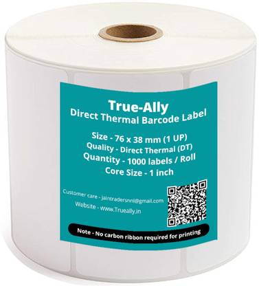 True-Ally 76x38 Direct Thermal Barcode Label Sticker - 3 x 1.5 inches - 76mm x 38mm 1000 Labels Per Roll - White Self Adhesive Sticker for Printing Barcoding Paper Label