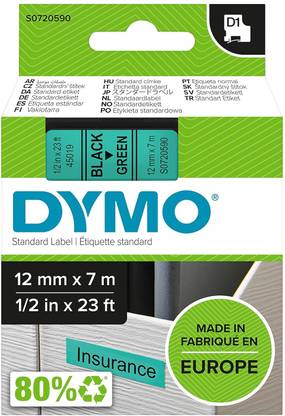 Dymo D1 Labeling Tape 12MMx7M Black Print on Green Tape Label Cassette Easy Peel Self Adhesive Paper Label