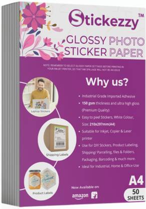 Stickezzy Glossy Sticker Paper - A4 size (50 Sheets) for Sticker/ Label Printing suitable for Inkjet, Copier & Laser printer Paper Label