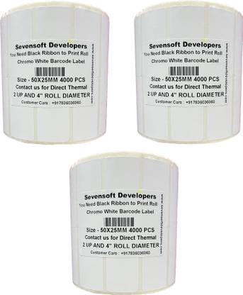 Royaltec 50X25MM Barcode Label Set of 3 Self-adhesive 2 UP Chromo 4" Diameter Roll (Use Black Ribbon to Print Stickers) Paper Label