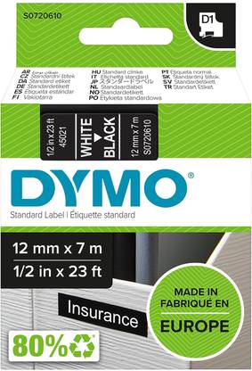 Dymo D1 Labeling Tape 12MMx7M White Print on Black Tape Label Cassette Easy Peel Self Adhesive Paper Label