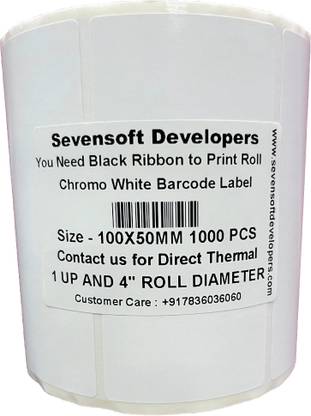 Sevensoft Developers 100X50MM Barcode Label (4X2 INCH) Self-adhesive 1 UP 4" Dia Roll (Use Black Ribbon to Print Stickers) Paper Label