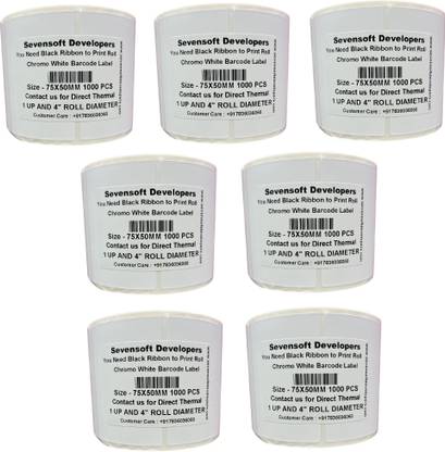 Sevensoft Developers 75X50MM Barcode Label Set of 7 Self-adhesive 1 UP Chromo 4" Diameter Roll (Use Black Ribbon to Print Stickers) Paper Label