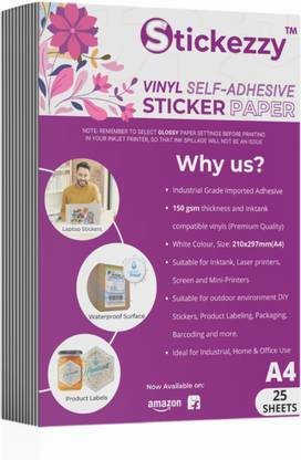 Stickezzy Vinyl Sticker Paper - A4 size (25 Sheets) for Sticker/ Label Printing suitable for Inkjet, Copier & Laser printer Paper Label