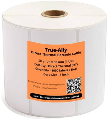 True-Ally 75x50 Direct Thermal Barcode Label Sticker - 3 x 2 inches - 75mm x 50mm 1000 Labels Per Roll - White Self Adhesive Sticker for Printing Barcoding Paper Label