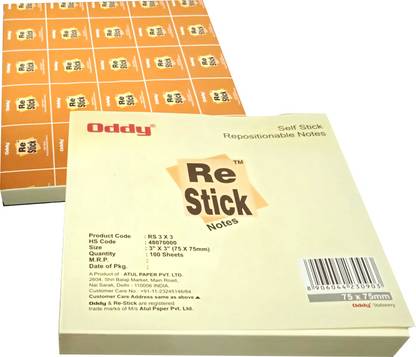 Oddy Sticky Notes Re-Stick Notes (3"×3'') 100 Sheets Paper Label