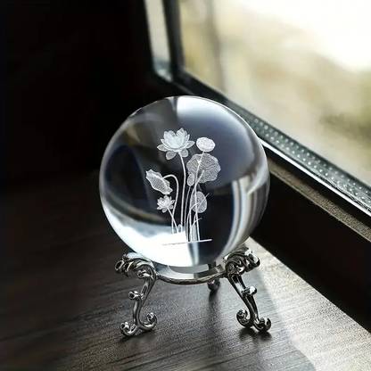 Wengonvila Crystal Lotus Flower Ball with Silver Stand 60mm Decorative Balls Glass Paper Weights  with Clear