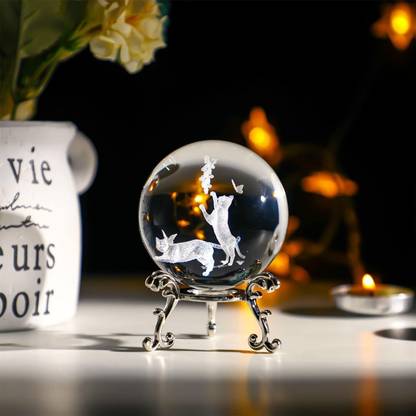 Wengonvila 2 Cat Crystal Ball with Stand 60mm 3D Engraved Decorative Glass Sphere crystal Paper Weights with Clear