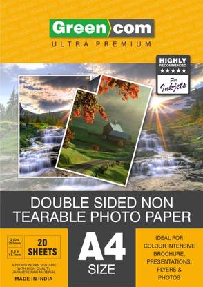 greencom Premium A4 180 Micron Double sided Water Proof, Instant Dry Glossy Inkjet Photo Unruled A4 180 gsm Non Tearable Paper