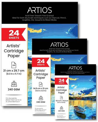 ARTIOS Artists' Mixed Media Cartridge Paper Combo-A4(24)+A5(24)+A6(24) Drawing Sheets , Ideal for Charcoal,Graphite,Acrylic,Watercolor,Gouache,Ink & Other Mixed Media A4+A5+A6 240 gsm Drawing Paper
