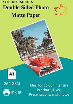 True-Ally A3 Double Sided Matte(LUSTER) Inkjet Photo Paper (White) Size - 11.7 x 16.5 Inches, 264 GSM (A3-50 Sheets) Unruled A3 264 gsm A3 Paper