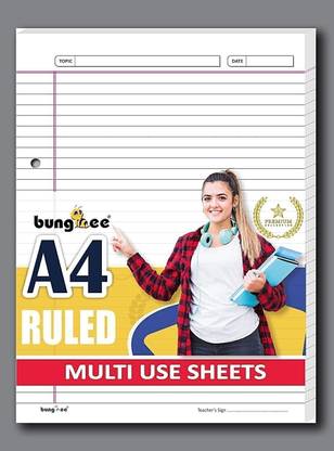 Bungbee A4 Ruled Sheets, Punched 50 Sheets, Dual Color - Compass Edition, One Side Ruled A4 90 gsm A4 paper