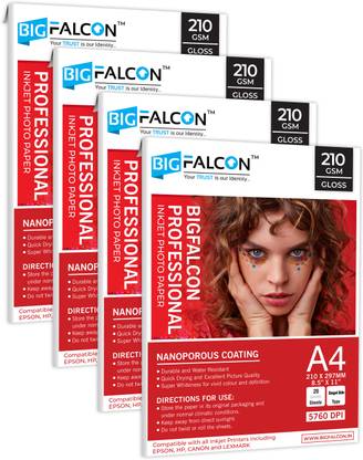 BIGFALCON Professional 210 GSM A4 (8.5X11 Inch) 80 Sheet High Glossy Cast Coated Photo Paper for all Inkjet Printer A4 (210x297mm) 210 gsm Photo Paper