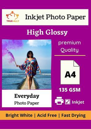 True-Ally High Glossy Photo Paper A4 Size - 135 GSM | Fast drying series (A4-100 sheets) Unruled A4 135 gsm Photo Paper