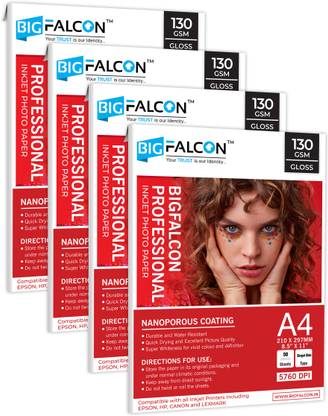BIGFALCON Professional 130 GSM A4 (8.5X11 Inch) 200 Sheet High Glossy Cast Coated Unruled Photo Paper for all Inkjet Printer A4 (210x297mm) 130 gsm Photo Paper