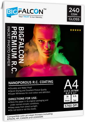 BIGFALCON Premium Ultra Glossy 240 GSM A4 Size (210x297mm) 20 Sheet RC Photo Paper Waterproof Inkjet Photo Paper for all Inkjet Printer A4 (210x297mm) 240 gsm Photo Paper