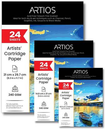ARTIOS Artists' Mixed Media Cartridge Paper Combo-A4(24)+A5(24)+A6(24) Drawing Sheets , Ideal for Charcoal,Graphite,Acrylic,Watercolor,Gouache,Ink & Other Mixed Media A4+A5+A6 240 gsm Drawing Paper