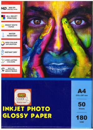 First Click Inkjet Photo Glossy Paper A4 Size- 50 Sheets 180 GSM UNRULED A4 180 gsm Photo Paper