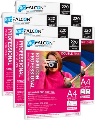 BIGFALCON Professional A4 Double Sided Glossy Inkjet Photo Paper 220 GSM (120 Sheets) Unruled A4 (8.5x11 inch) 220 gsm Photo Paper