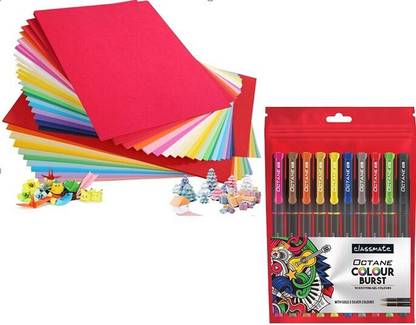 greencom Set of 10 Color Gel Pens With A4 Paper sheets100 Pcs Color A4 Size Sheets Tinted Colour Paper, Origami Paper ,Craft paper Scrap Book A4 80 gsm Craft paper