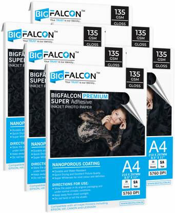 BIGFALCON Premium 135 GSM Super Self-Adhesive High Glossy Inkjet Sticker Photo Paper Unruled A4 (8.5 x 11 inch) 135 gsm Photo Paper