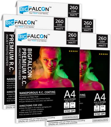 BIGFALCON Premium Matt (Luster) 260 GSM A4 Size (210x297mm) 100 Sheet RC Photo Paper Waterproof Inkjet Photo Paper for all Inkjet Printer A4 (210x297mm) 260 gsm Photo Paper