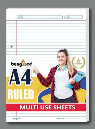 Bungbee A4 Ruled Sheets, Punched 100 Sheets, Dual Color- Glanza Edition, One Side Ruled A4 90 gsm A4 paper