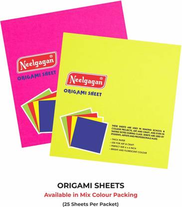 NEELGAGAN Origami Paper P-25 70 GSM – 20 Sheets Mix Color (One Side Fluorescent) (6 inch X 6 inch) 70 gsm Origami Paper