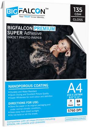BIGFALCON Premium 135 GSM Super Self-Adhesive High Glossy Inkjet Sticker Photo Paper Unruled A4 (8.5 x 11 inch) 135 gsm Photo Paper