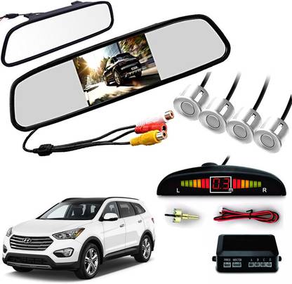 AUTO PEARL 4 White Parking Sensor With Accessories Kit 4.3" Rear View Mirror LCD Monitor compatible with Santa Fe Parking Sensor