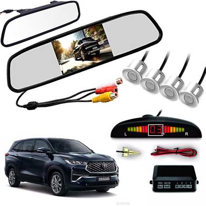 AUTO PEARL 4 White Parking Sensor With Accessories Kit 4.3" Rear View Mirror LCD Monitor compatible with Innova Hycross 2023 Parking Sensor