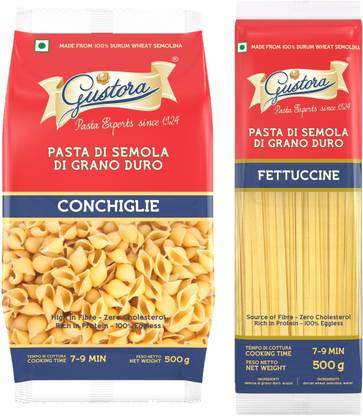 Gustora Durum Wheat Semolina Pasta Combo I Vegetarian I Rich in Fibre & Protein Fettuccine, Shell Pasta