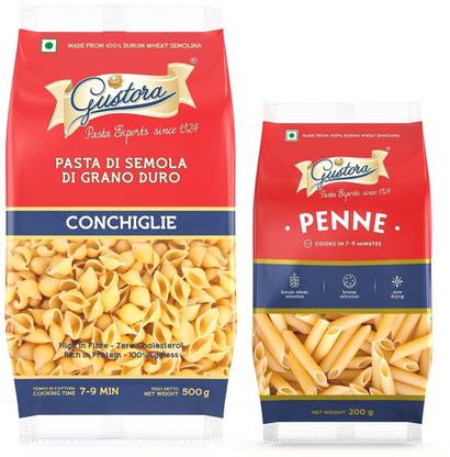 Gustora Durum Wheat Semolina Pasta Combo I Eggless I Fibre & Protein Rich I Conchiglie & Penne Pasta