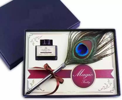 DEZIINE Vintage Peacock Feather Pen Set Writing Quill Ink Dip Pen and 5 Replacement Nibs Calligraphy