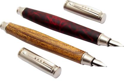 Ledos Set Of 2 Vsign Fiorella Wood & Rose Wood Textured Body Satin Silver Metal Cap Fountain Pen